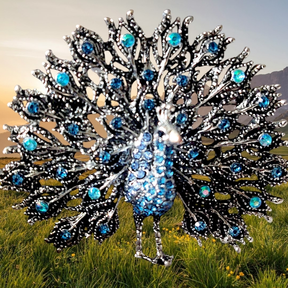 Blue Crystal Peacock Brooch - Women's Jewelry